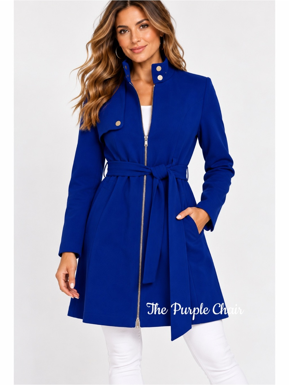 NWT Royal Blue Long Sleeve Zip Front Self Tie Longline Jacket L